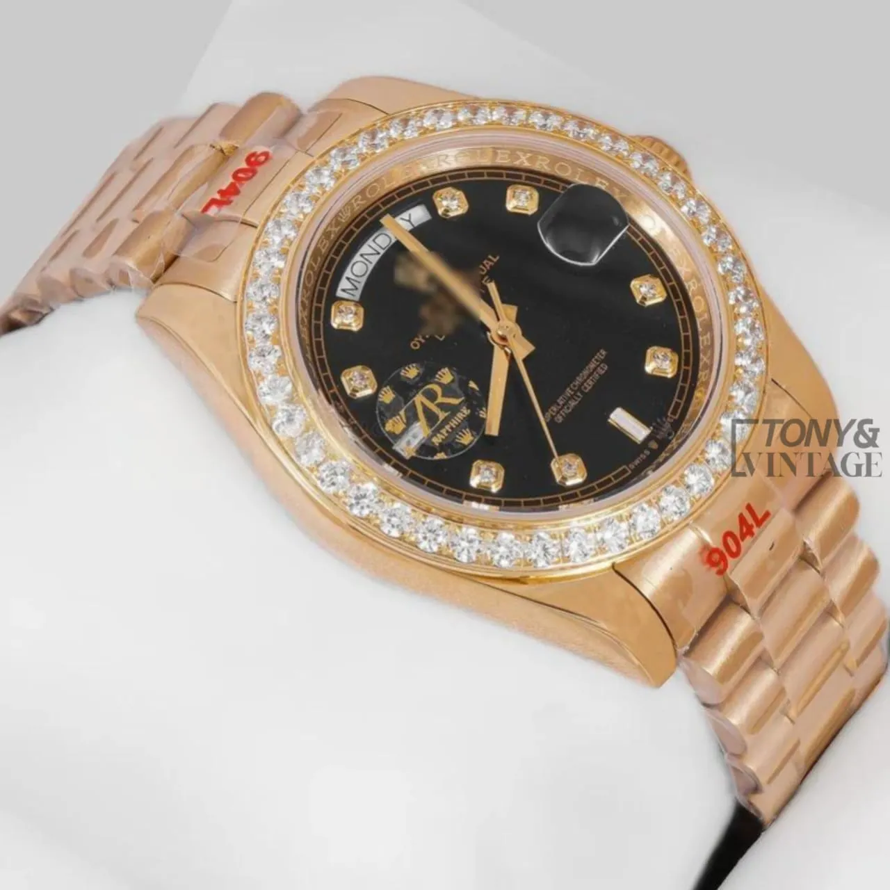 Yellow Gold Black Dial & Stone Bezel Automatic Watch