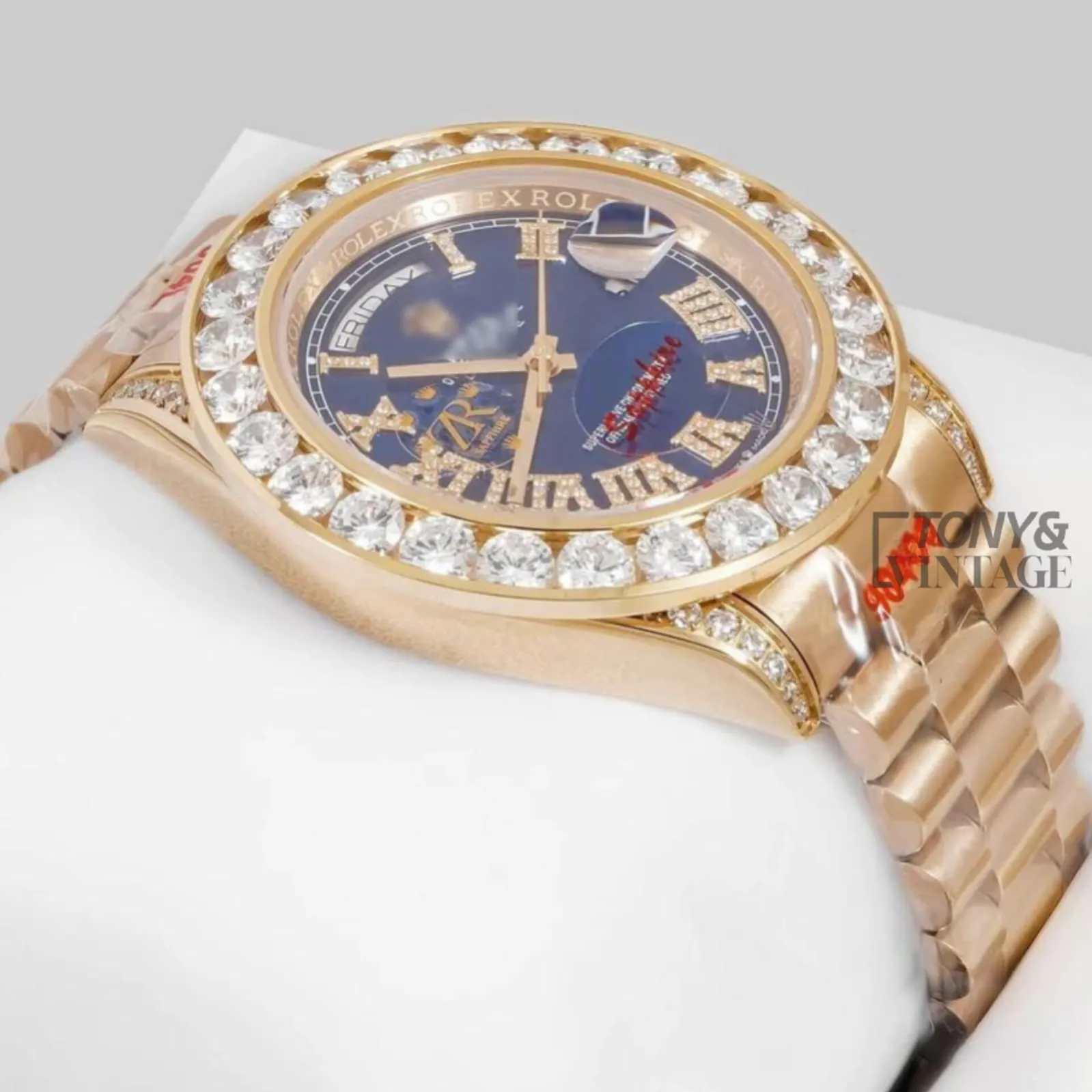 Yellow Gold Blue Dial Stone Bezel Automatic Watch