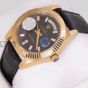 Yellow Gold Case Black Dial & Leather Strap Automatic Watch