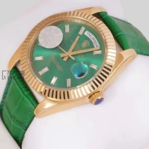 Yellow Gold Case Green Dial & Leather Strap Automatic Watch