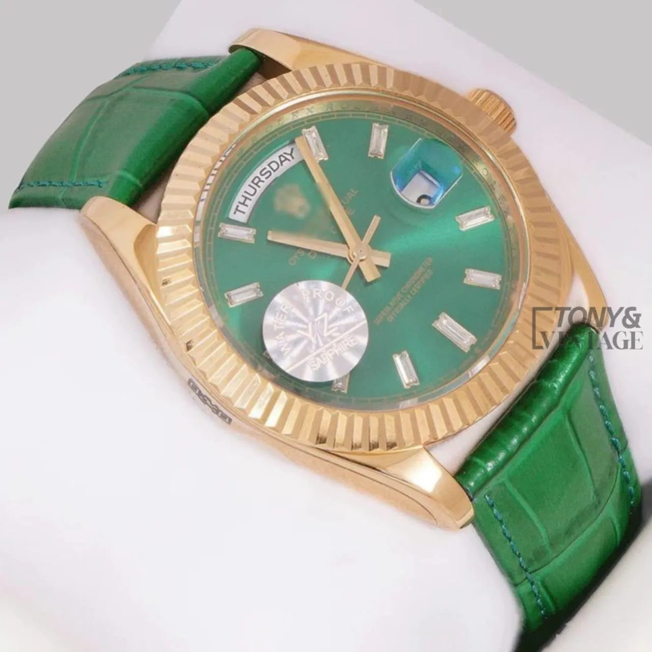 Yellow Gold Case Green Dial & Leather Strap Automatic Watch