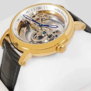 Yellow Gold Case Skeleton Dial Black Leather Strap for Men