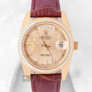 Yellow Gold Case with Dial and Brown Leather Strap Automatic Watch