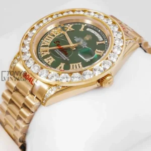 Yellow Gold Green Dial Stone Bezel Automatic Watch