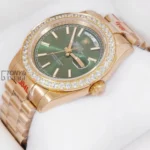 Yellow Gold Green Dial Stone Bezel Automatic Watch