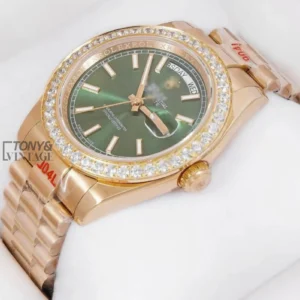 Yellow Gold Green Dial Stone Bezel Automatic Watch