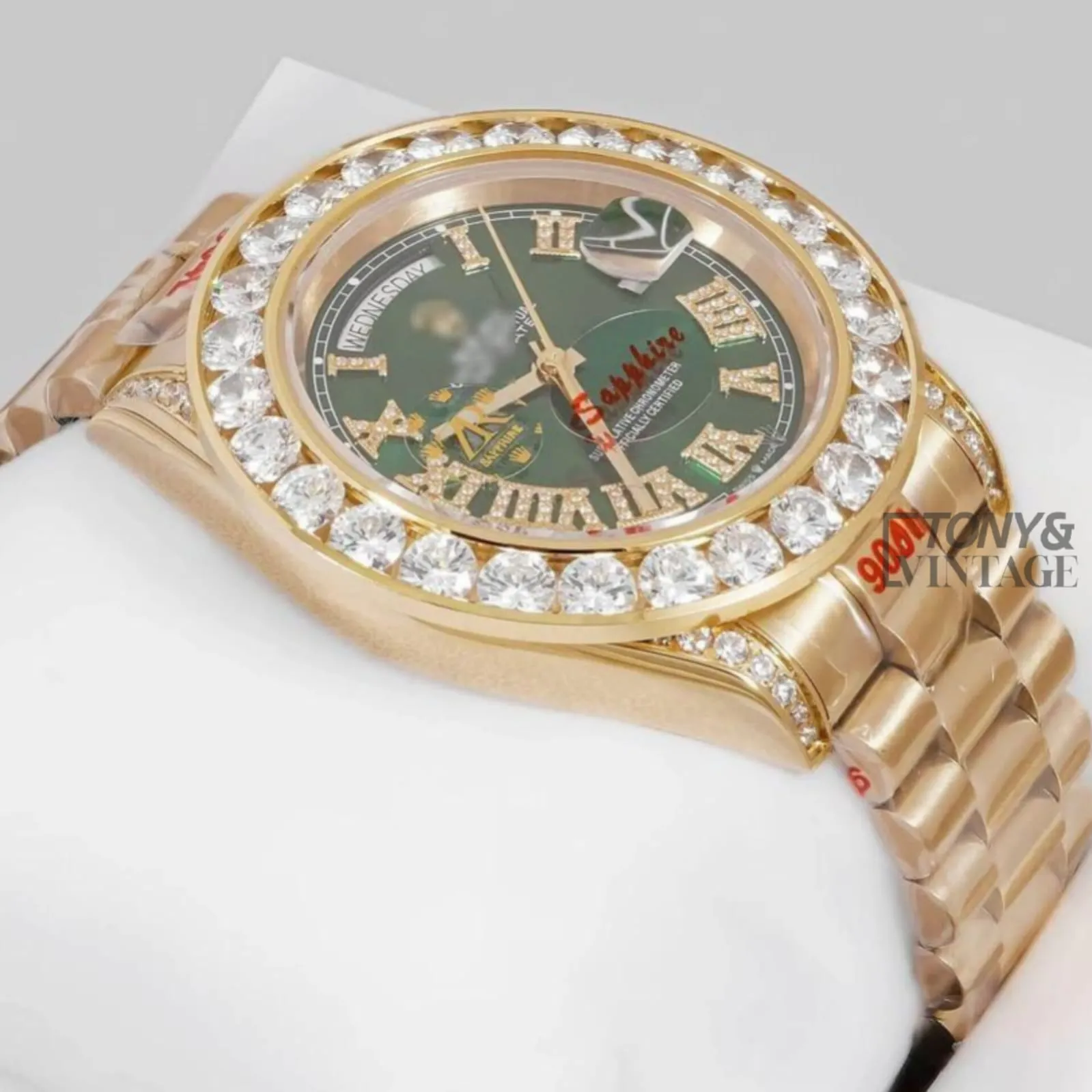 Yellow Gold Green Dial Stone Bezel Automatic Watch