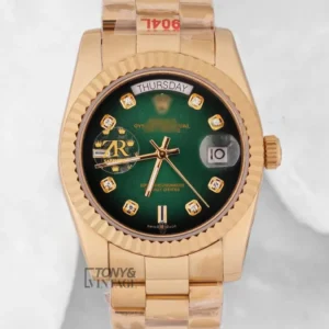Yellow Gold Sea Green Dial Stone Figure & Fluted Bezel Automatic Watch