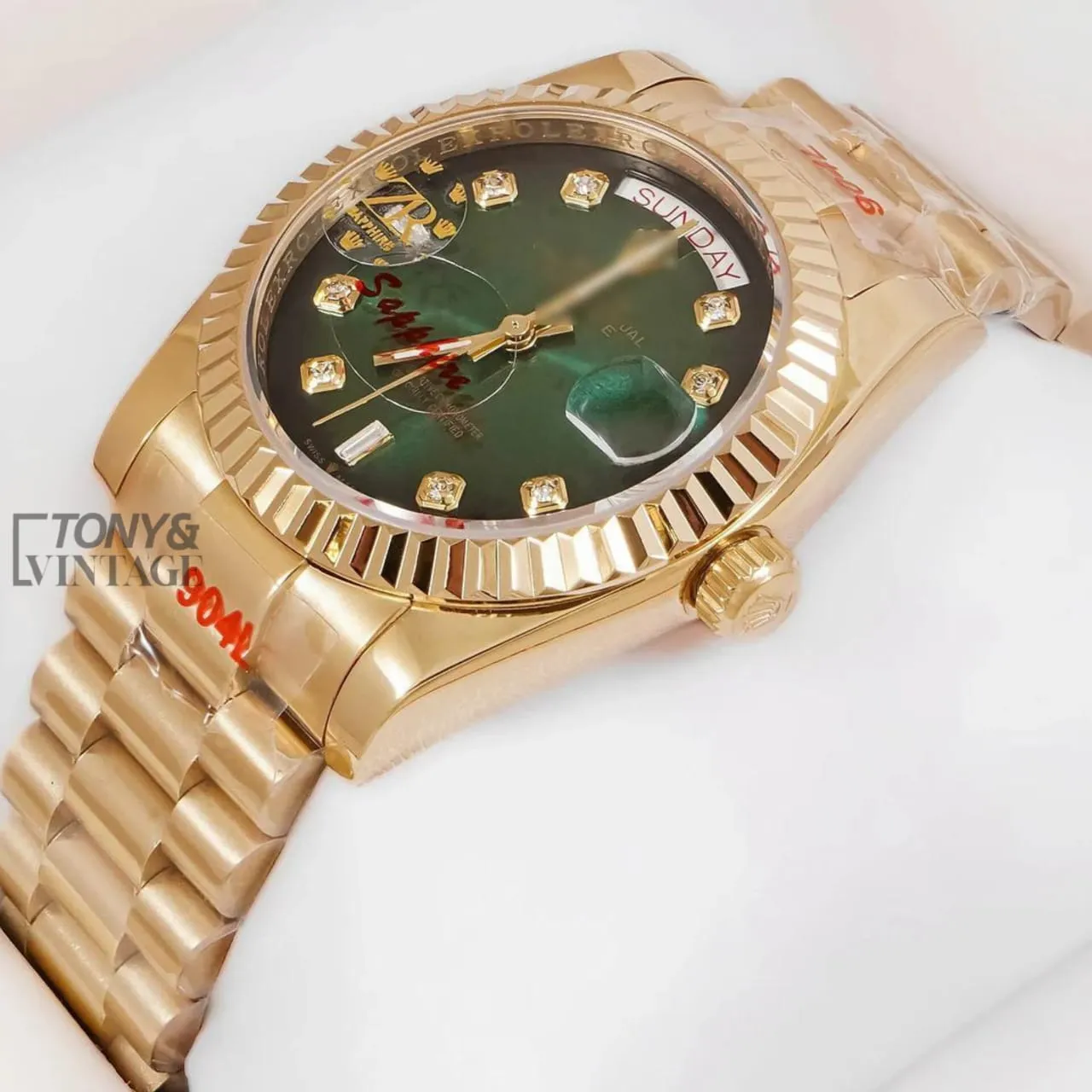 Yellow Gold Sea Green Dial Stone Figure & Fluted Bezel Automatic Watch