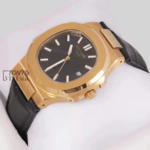 Yellow Gold Watch with Black Dial and Leather Strap