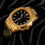 Yellow Gold Watch with Black Dial and Leather Strap