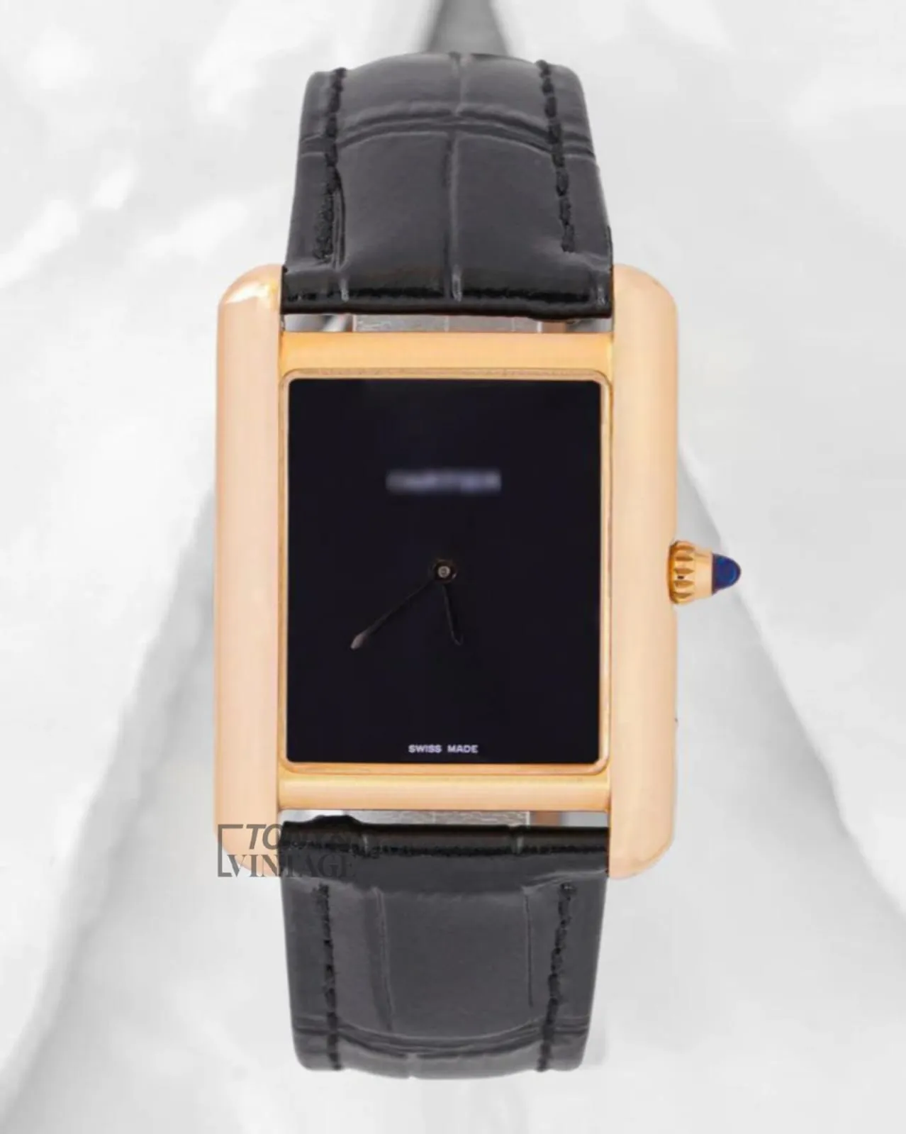 Yellow Gold Watch with Black Dial and Leather Strap