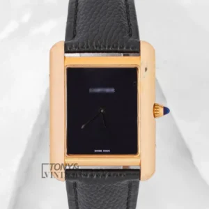 Yellow Gold Watch with Black Dial and Leather Strap