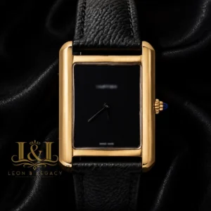 Yellow Gold Watch with Black Dial and Leather Strap