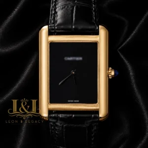 Yellow Gold Watch with Black Dial and Leather Strap