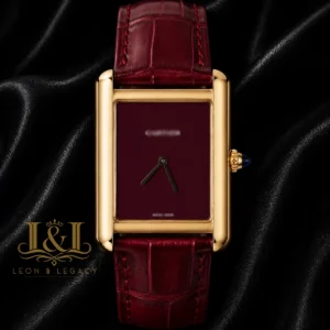 Yellow Gold Watch with Maroon Dial and Leather Strap