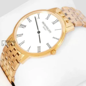 Yellow Gold Watch with White Dial and Chain