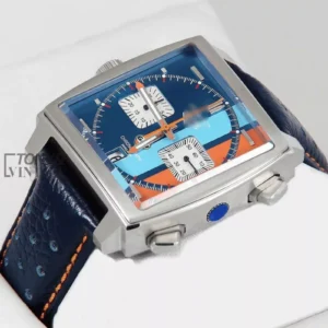 x Gulf Calibre 11 Chronograph Silver Case with Blue Leather Strap